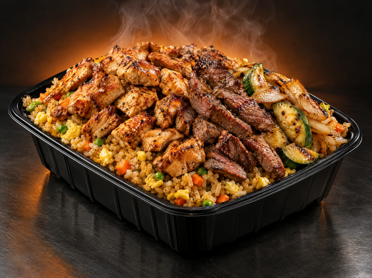 A takeout box packed full of hibachi chicken, steak, and fried rice